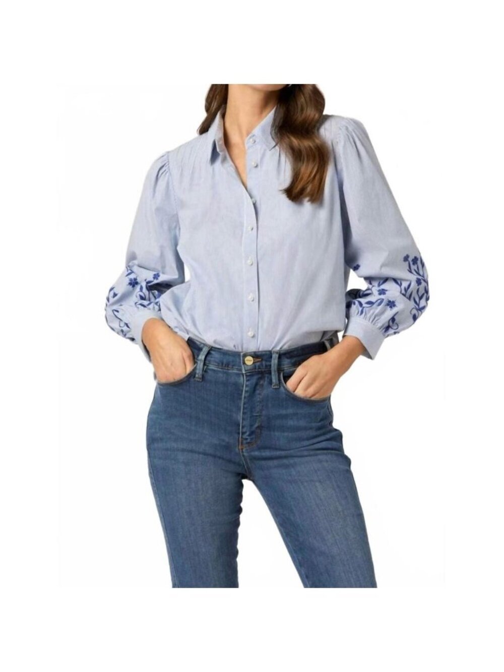 Shoshanna Cate Top XS Embroidered Floral Striped Pearl Button